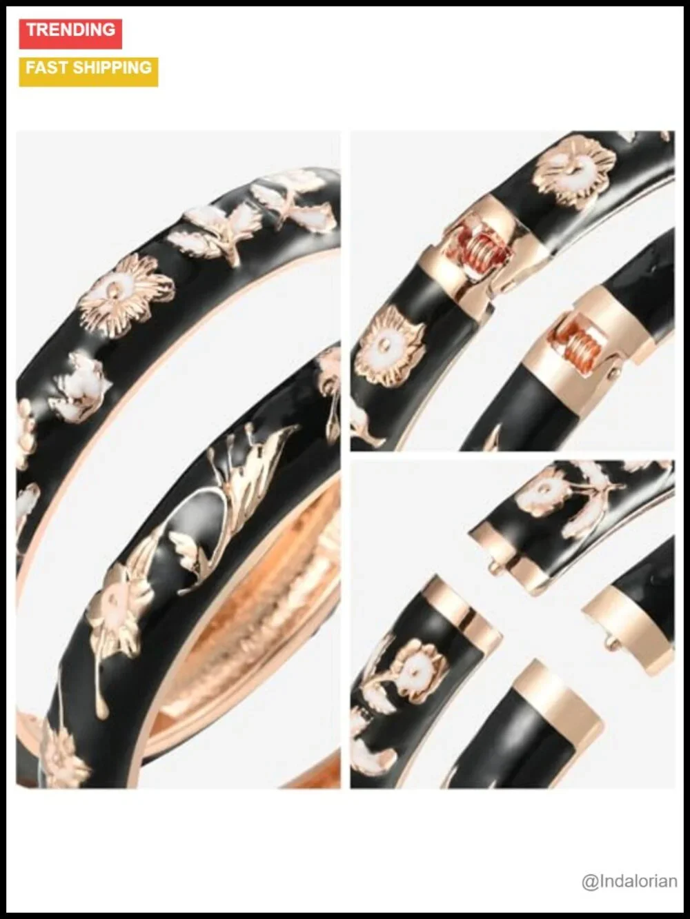 Cloisonne Enamel Cuff Bangle Bracelet Set - Floral Metal Jewelry Gift